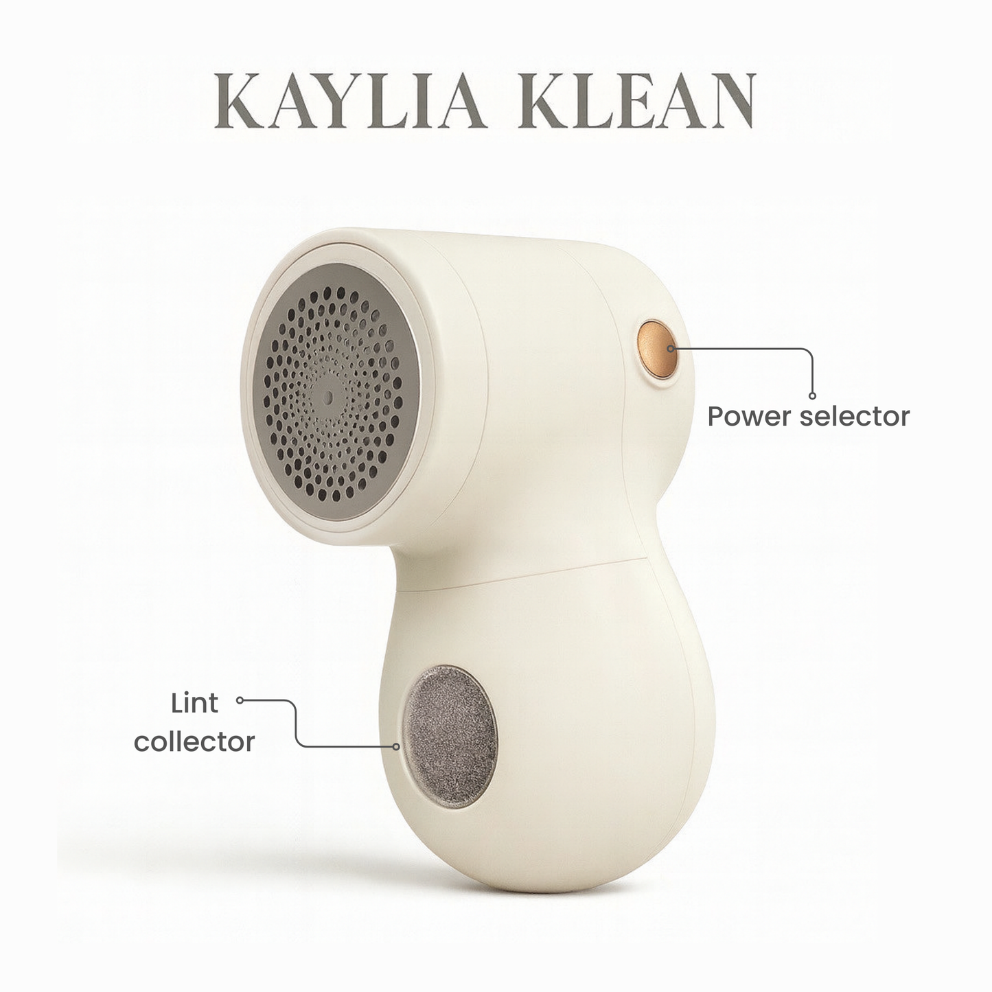 Close-up of Kaylia Klean fabric shaver highlighting the power selector and removable lint collector.