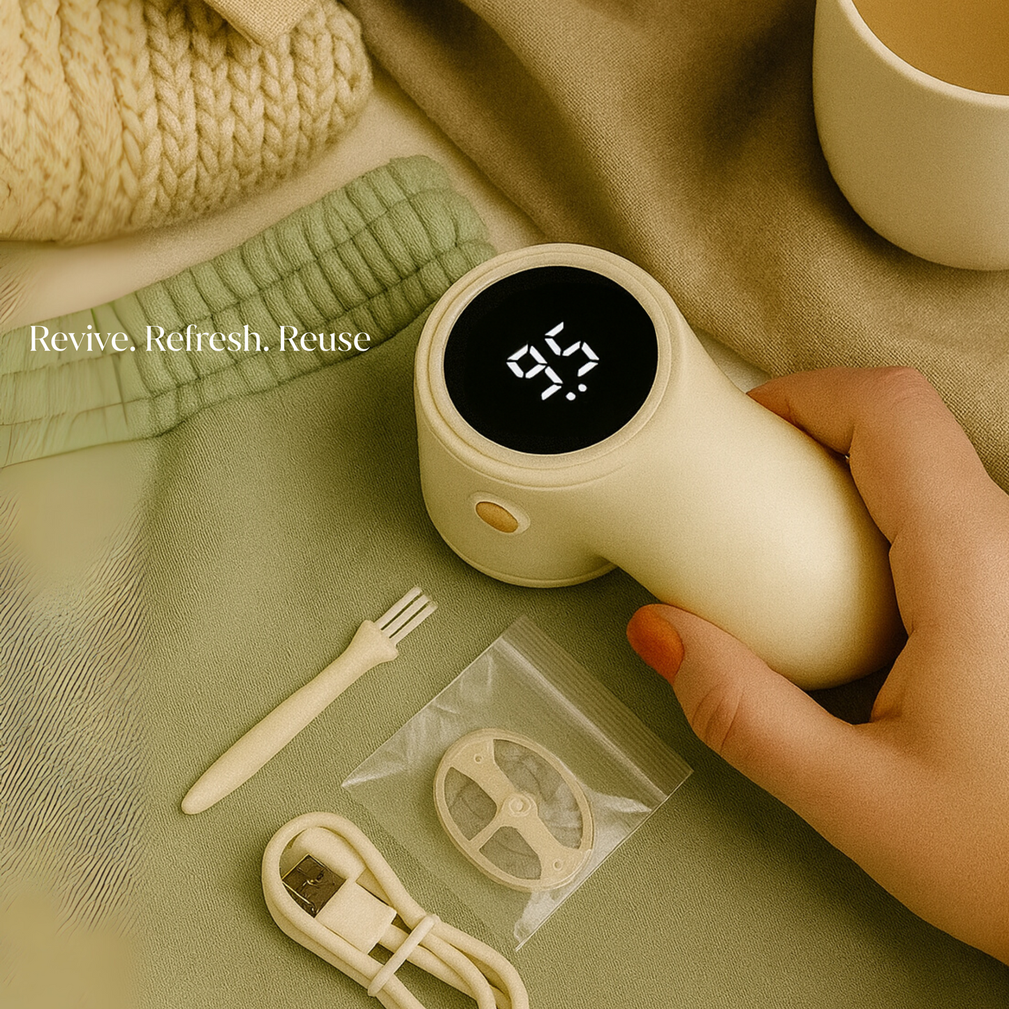 Kaylia Klean fabric shaver styled in a cozy home setting with cushion, showcasing eco-friendly clothing care.