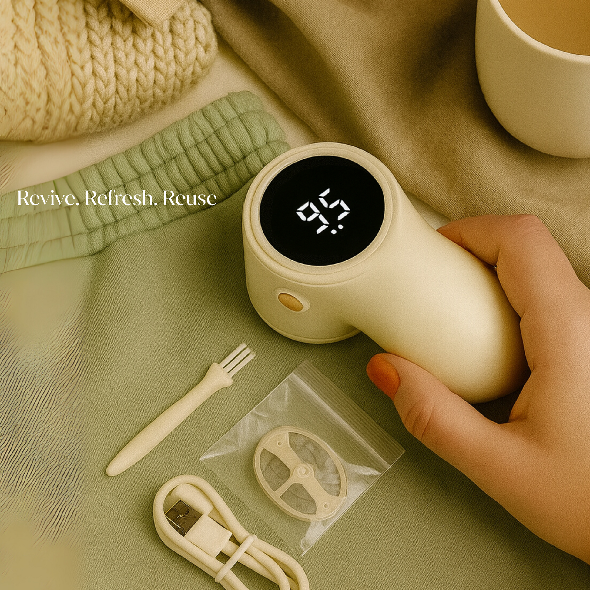 Kaylia Klean fabric shaver styled in a cozy home setting with cushion, showcasing eco-friendly clothing care.