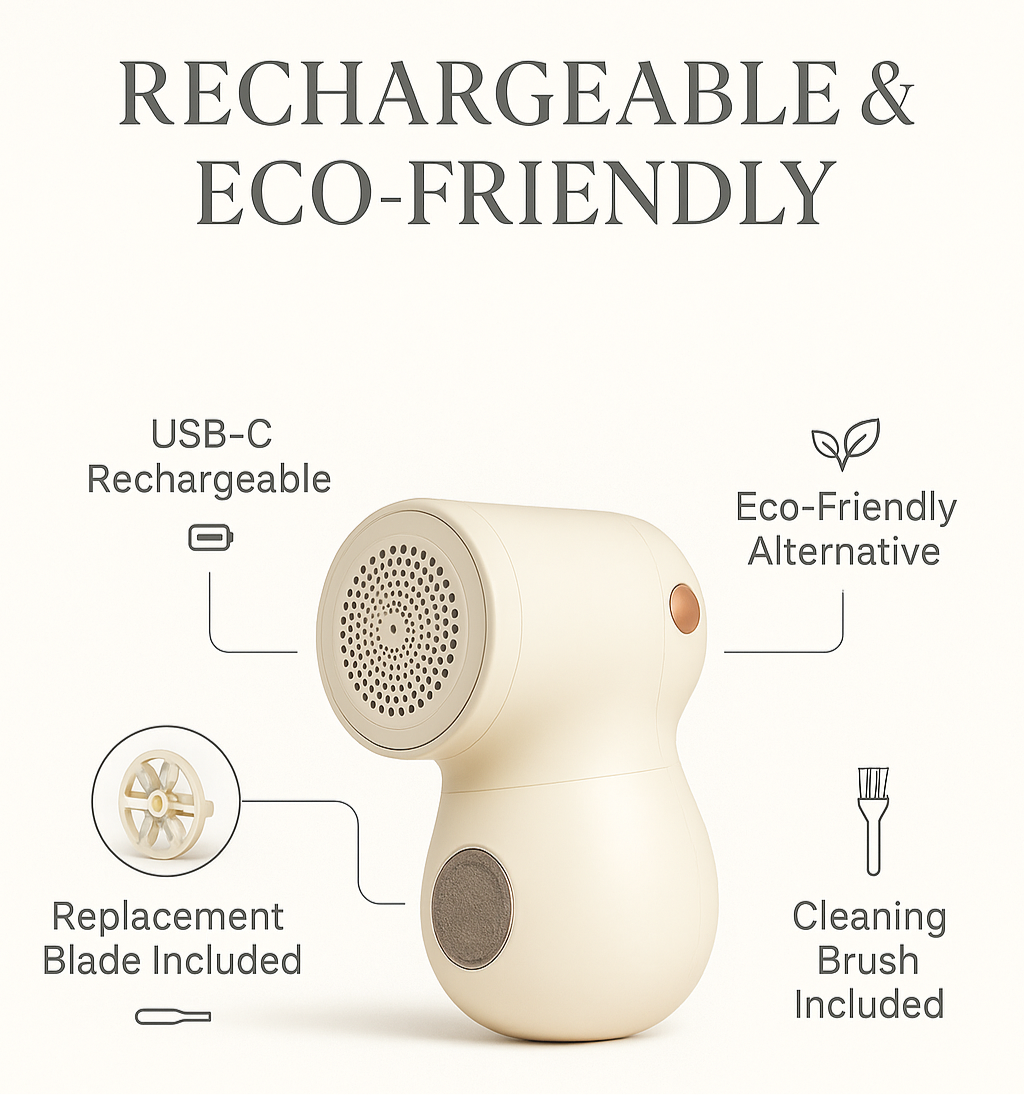 Rechargeable and eco-friendly fabric shaver with USB-C charging, replacement blade, and cleaning brush included.