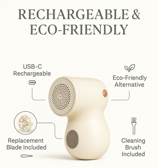Rechargeable and eco-friendly fabric shaver with USB-C charging, replacement blade, and cleaning brush included.