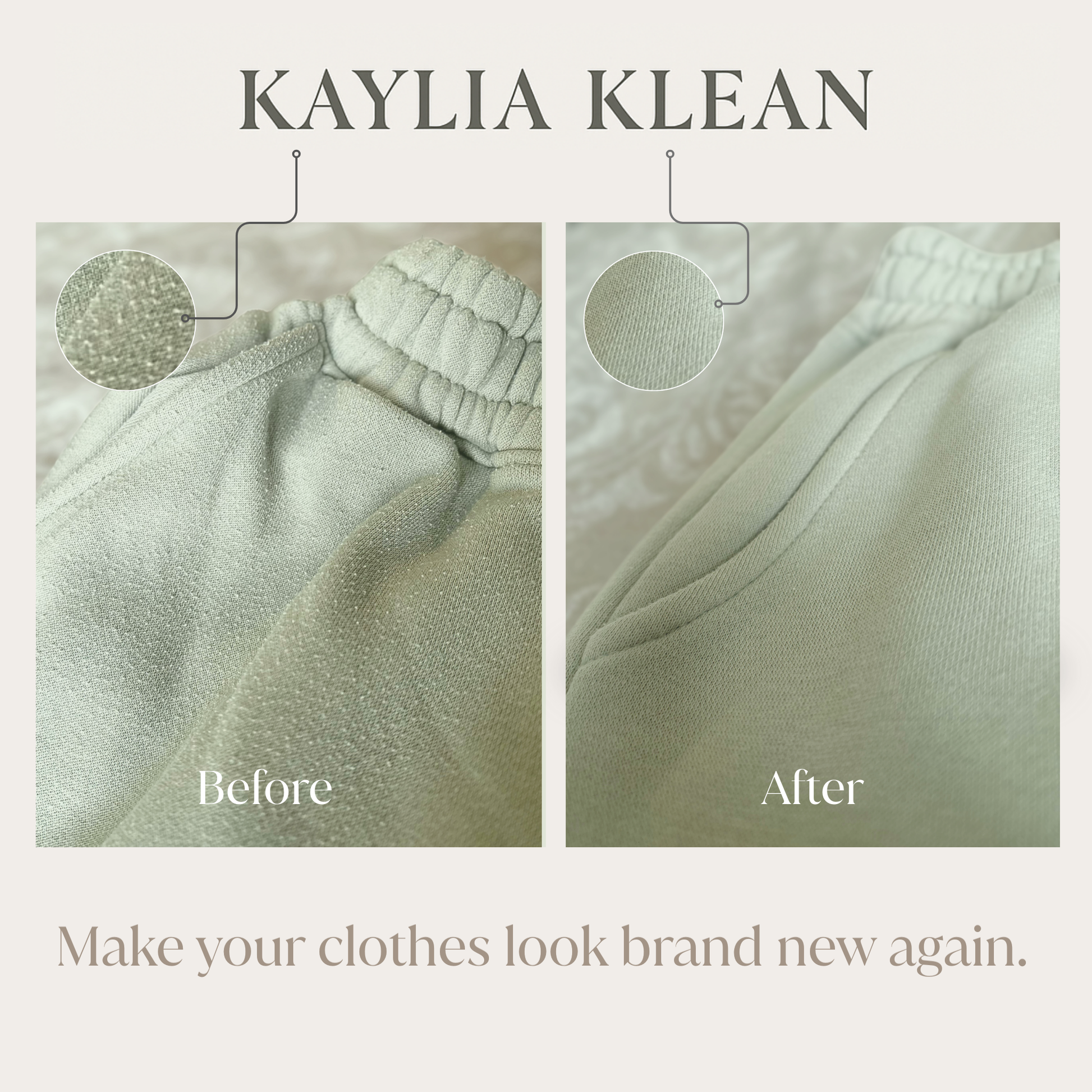 Before and after results of using Kaylia Klean fabric shaver on joggers, showing fabric restored and refreshed.