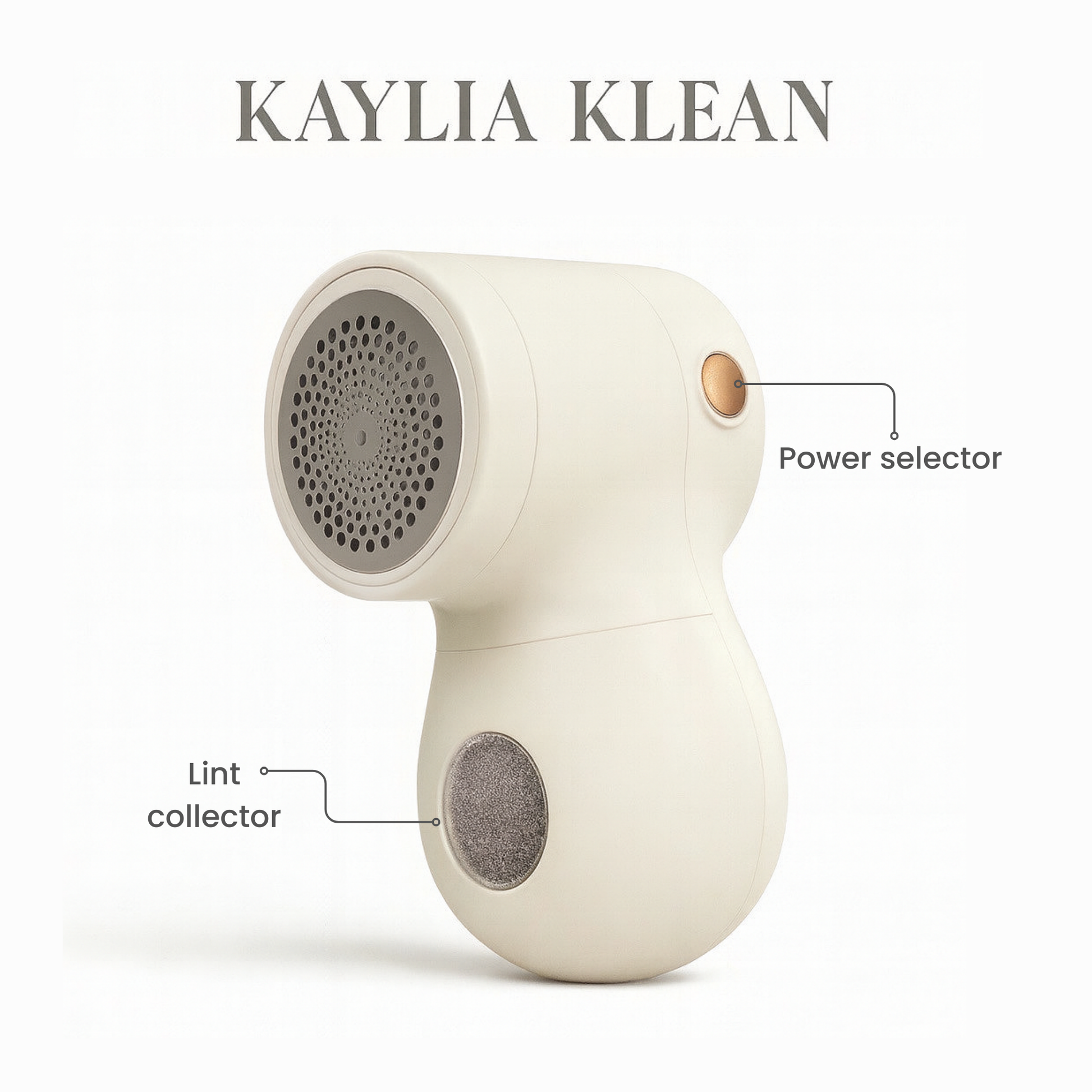 Close-up of Kaylia Klean fabric shaver highlighting the power selector and removable lint collector.
