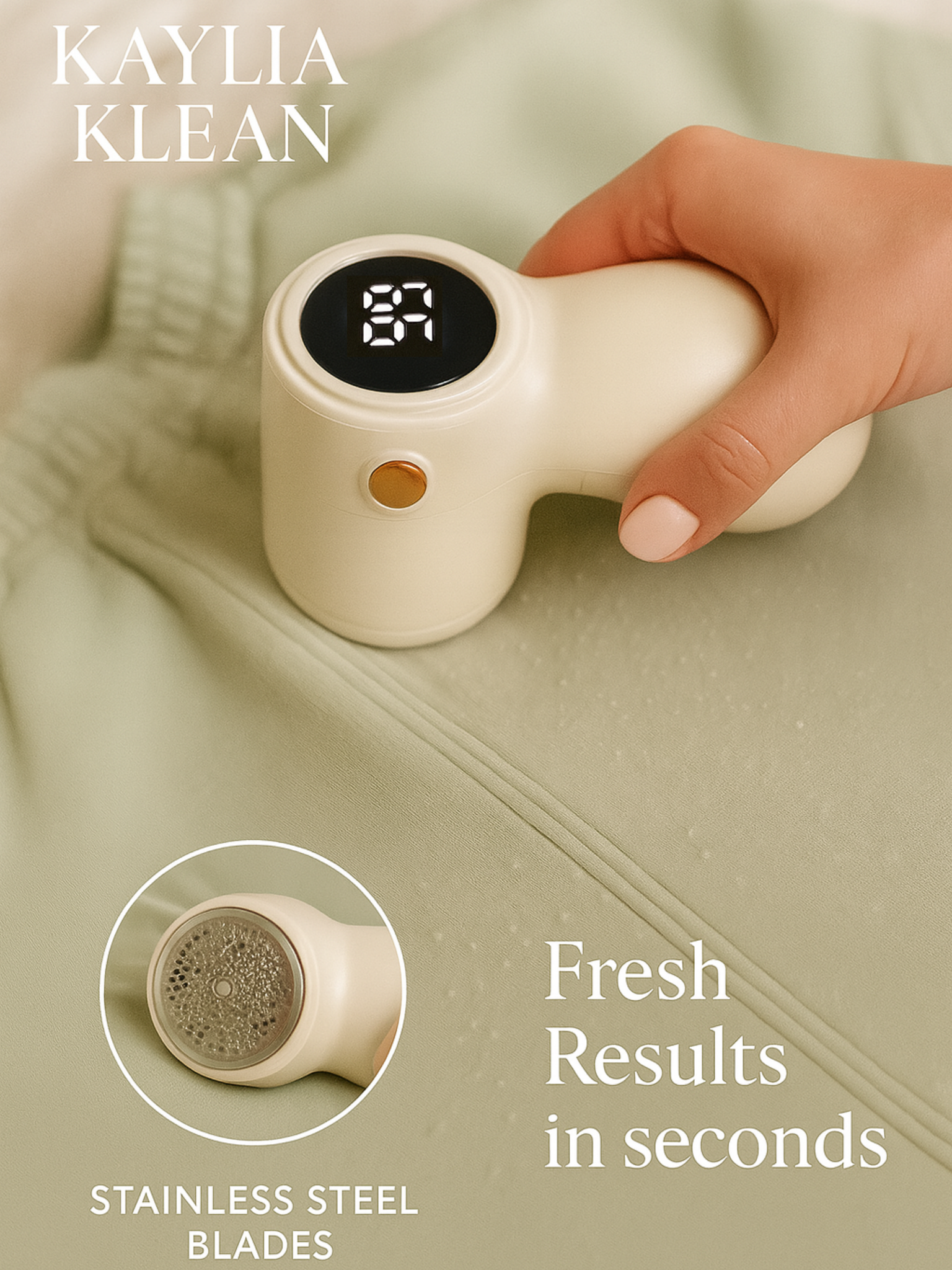 Kaylia Klean fabric shaver in use on joggers, featuring stainless steel blades for fresh results in seconds.