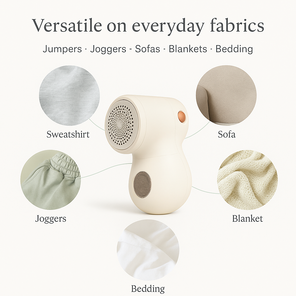 Fabric shaver shown as versatile on everyday fabrics including sweatshirts, joggers, sofas, blankets, and bedding
